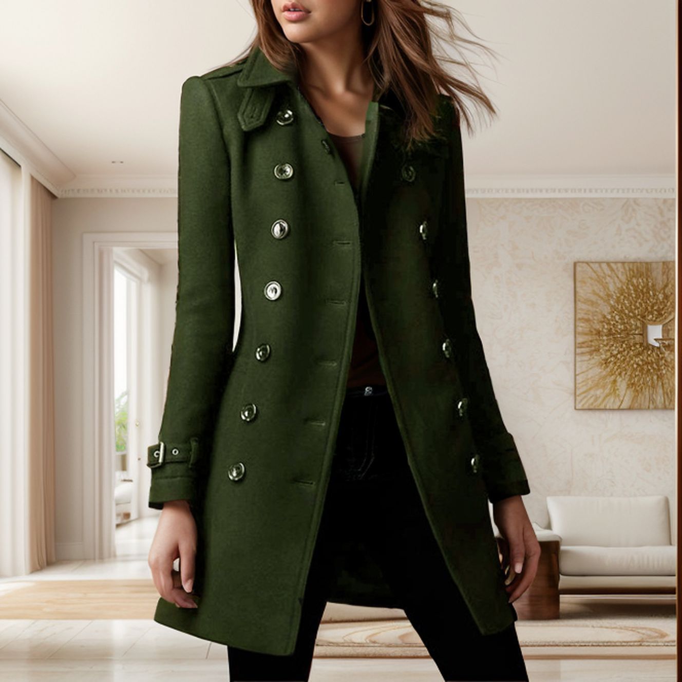 Damen Wollmantel Stylisch mit Doppelknopf Schwarz Elegante Mode