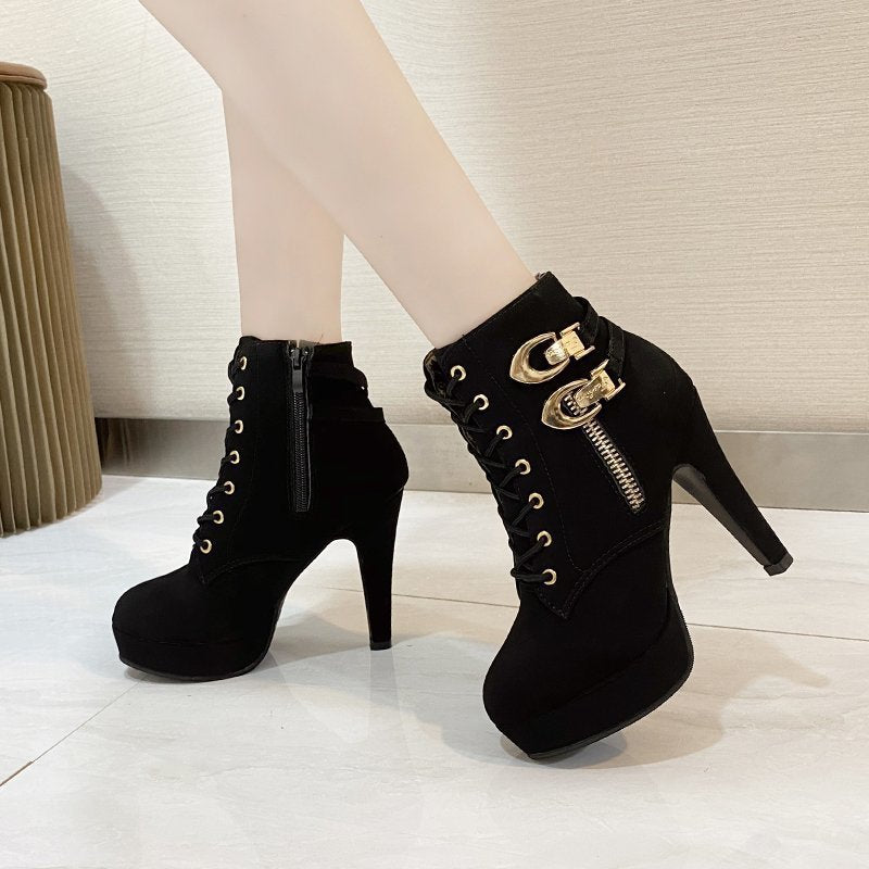 Damen Stiefeletten Schnürhalbschuhe mit Gold-Detail