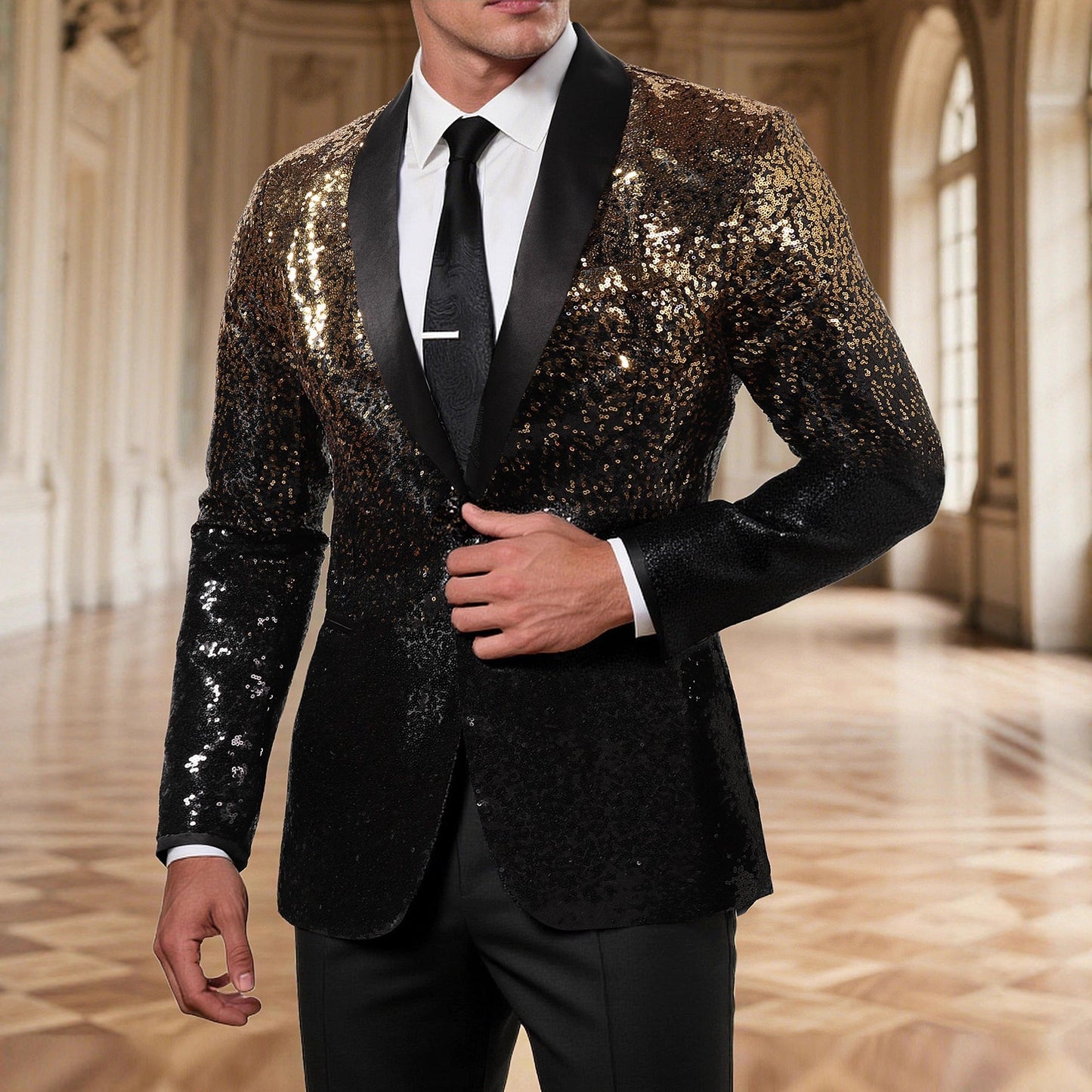 Eleganter Blazer Herren Pailletten Schwarz Modern