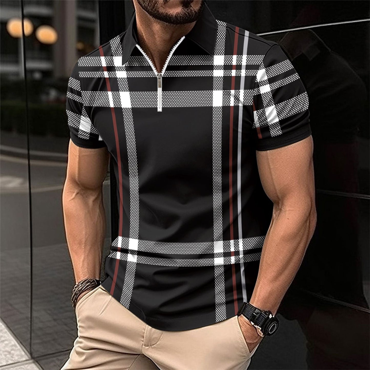 Herren Poloshirt Stehkragen Karomuster Modern