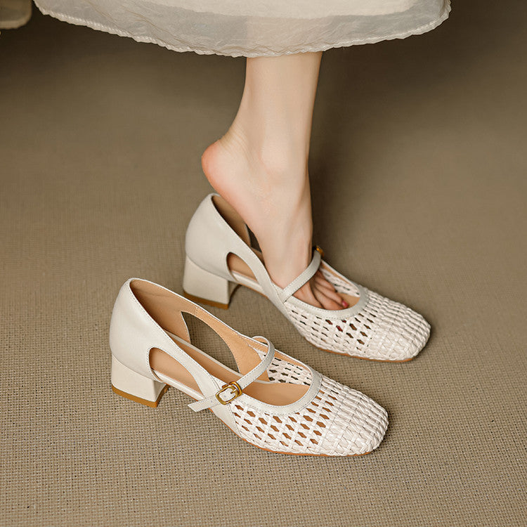 Damen Pumps Elegante Mary Jane Schuhe mit Geflecht Blockabsatz