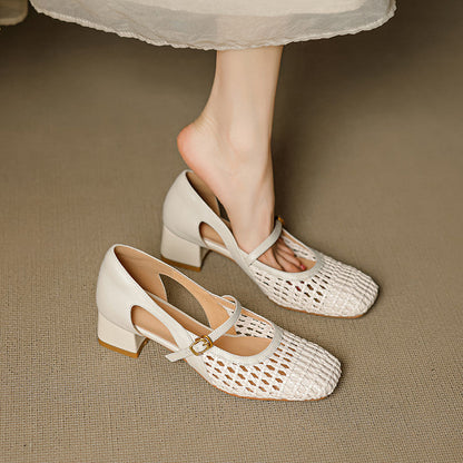 Damen Pumps Elegante Mary Jane Schuhe mit Geflecht Blockabsatz