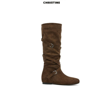 Damen Overknee Stiefel Elegante Wildleder Schnalle Schuhe