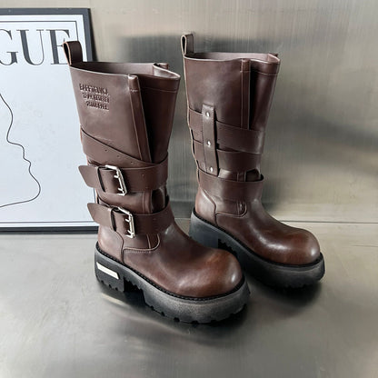 Damen Biker-Stiefel Robust Schnalle Verstellbar Schwarz Lederschuhe