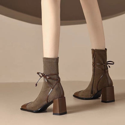 Damen Stiefeletten Karomuster Schnürstiefeletten Elegante Mode