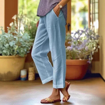 Damen Leinenhose Weit Bequem Mit Taschen