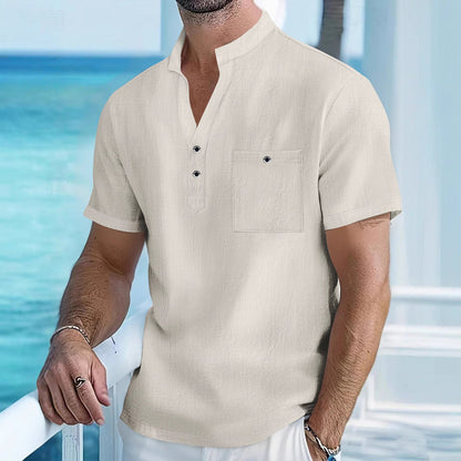 Herren Hemd Kurzarm Henley Ausschnitt mit Brusttasche Modern