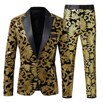 Herren Anzugset Pailletten mit Blumenmuster Elegant Schwarz