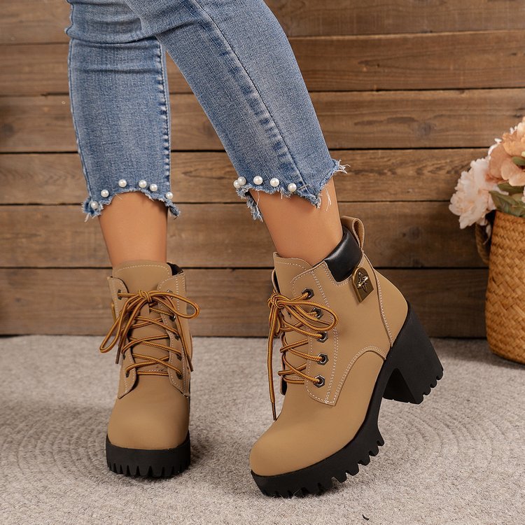 Damen Stiefel Ankle Boots Blockabsatz Schnürschuhe Elegant