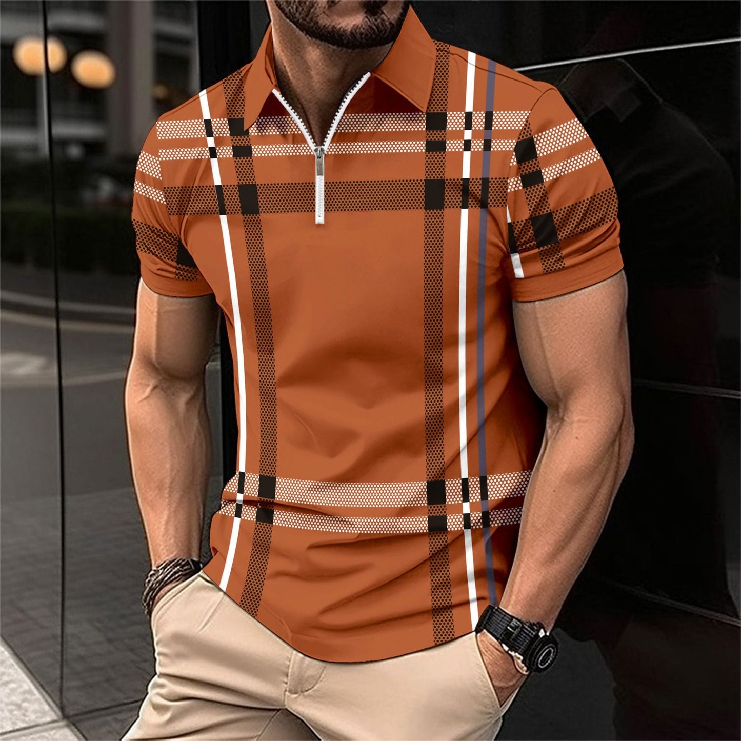 Herren Poloshirt Stehkragen Karomuster Modern