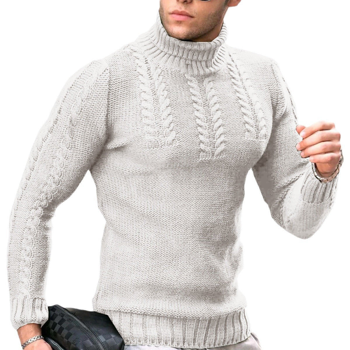 Herren Strickpullover Hochkragen Zopfmuster Elegant
