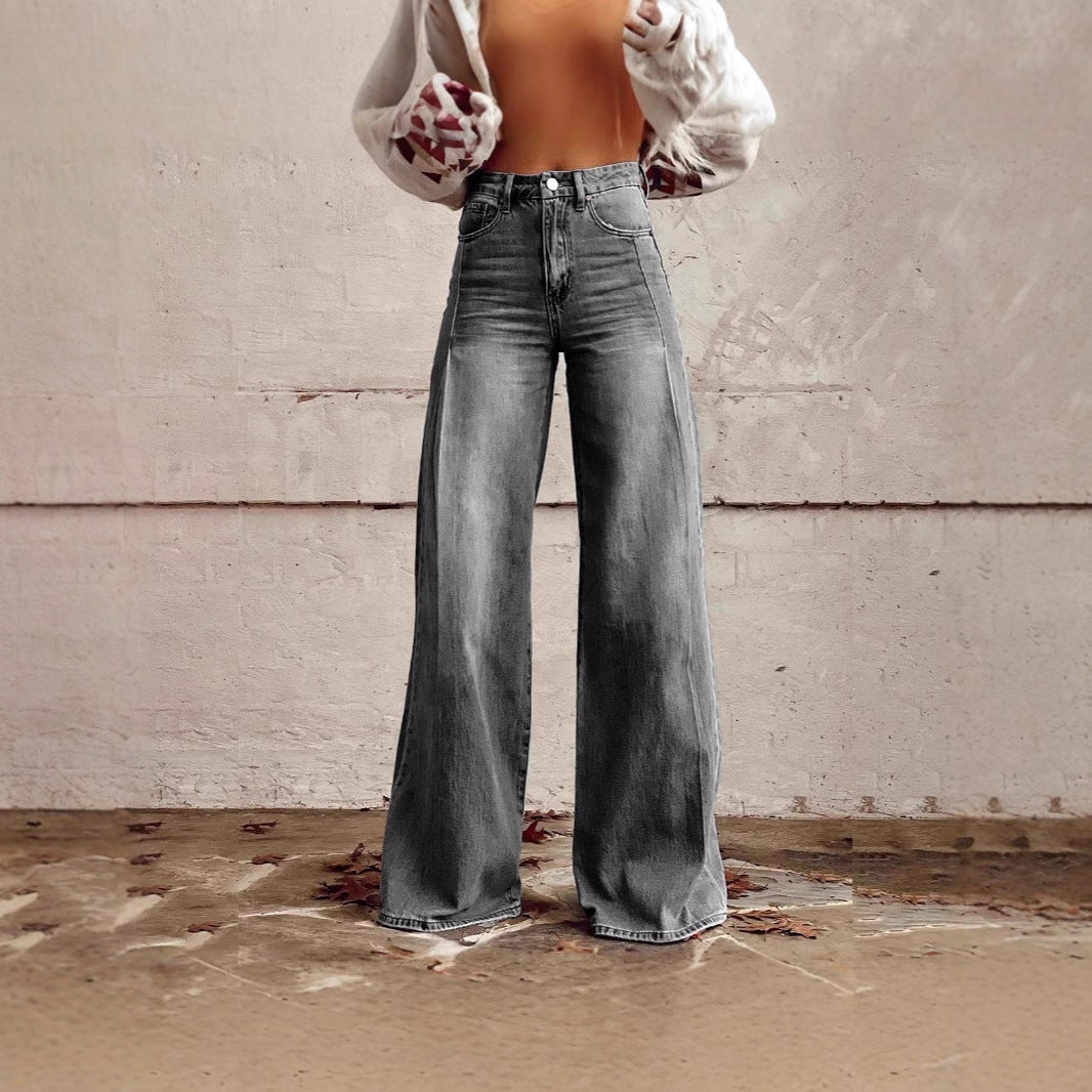 Damen Hochtaillierte Jeans Weite Bein mit Nähten