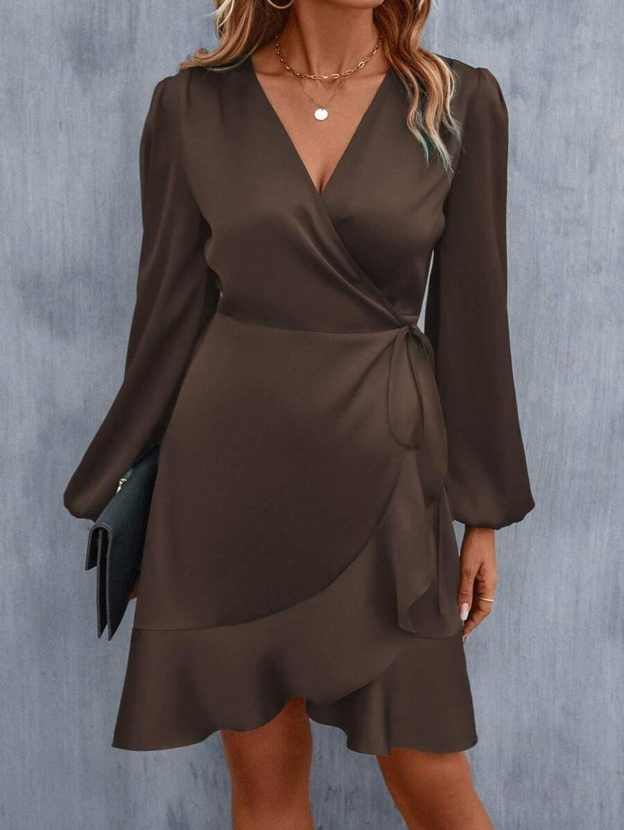 Satin Kleid V-Ausschnitt Lässig Midi Damenkleid Elegant