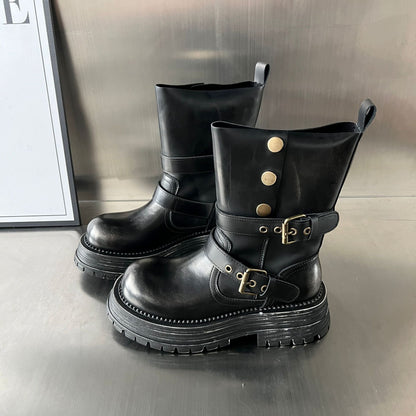 Damen Biker-Stiefel Robust Schnallen Schwarz Modisch
