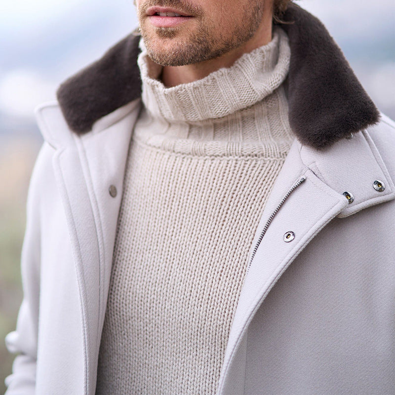 Herren Mantel Kunstfell Kragen Eleganter Wintermantel