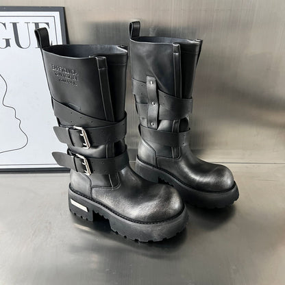 Damen Biker-Stiefel Robust Schnalle Verstellbar Schwarz Lederschuhe