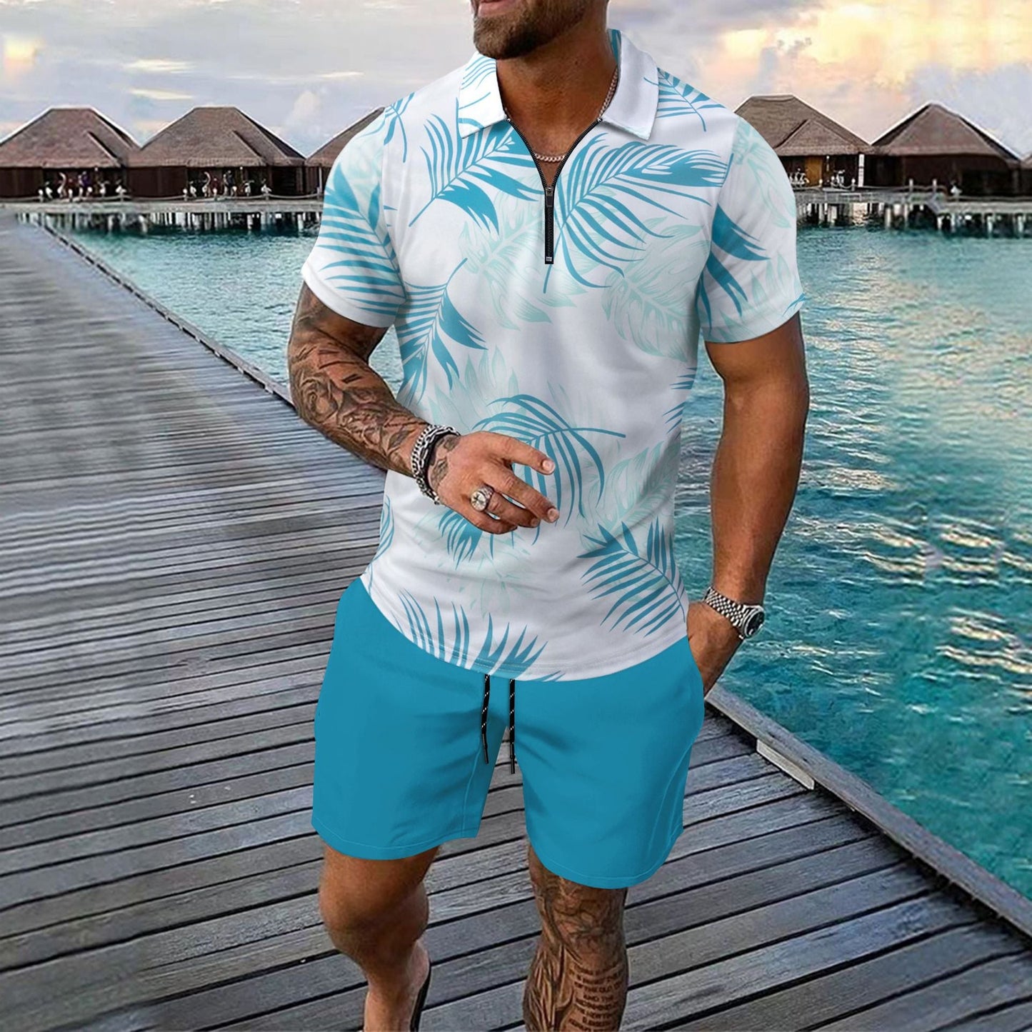 Herren Kurzarmshirt Modern mit Reißverschluss und Luftigem Design