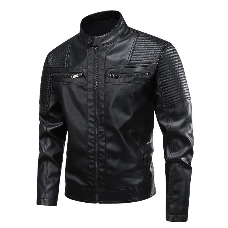 Herren Lederjacke Bikerstil mit Steppdetails und Reißverschlusstaschen