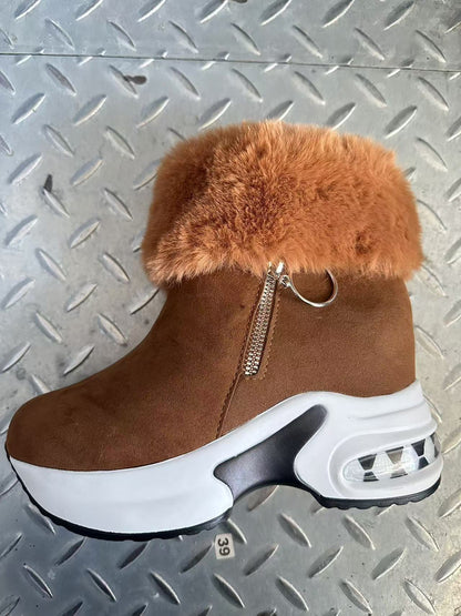 Damen Stiefel Sneaker mit Weichem Fellkragen Trendy Reißverschluss