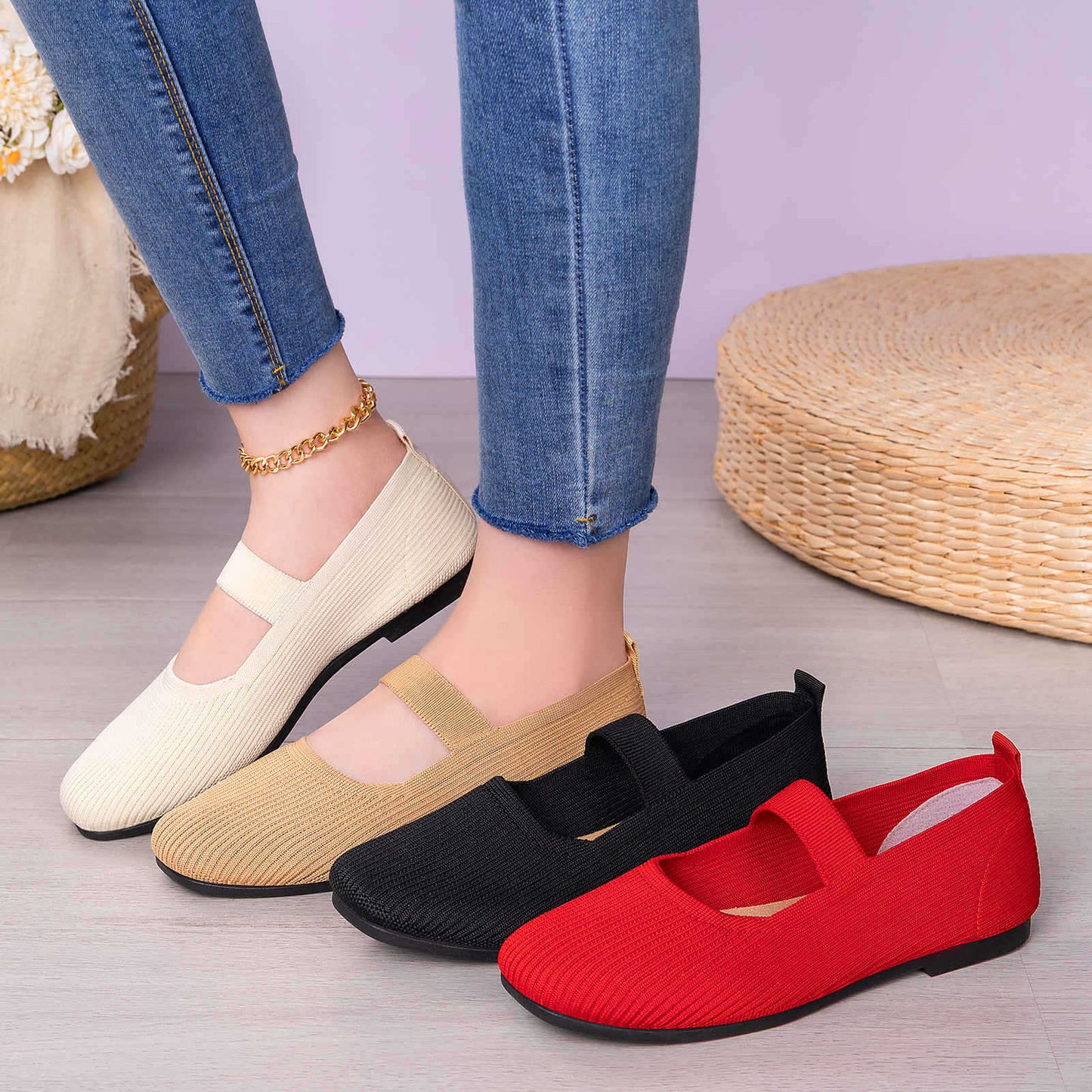Damen Ballerinas Bequem Strick Elastisch