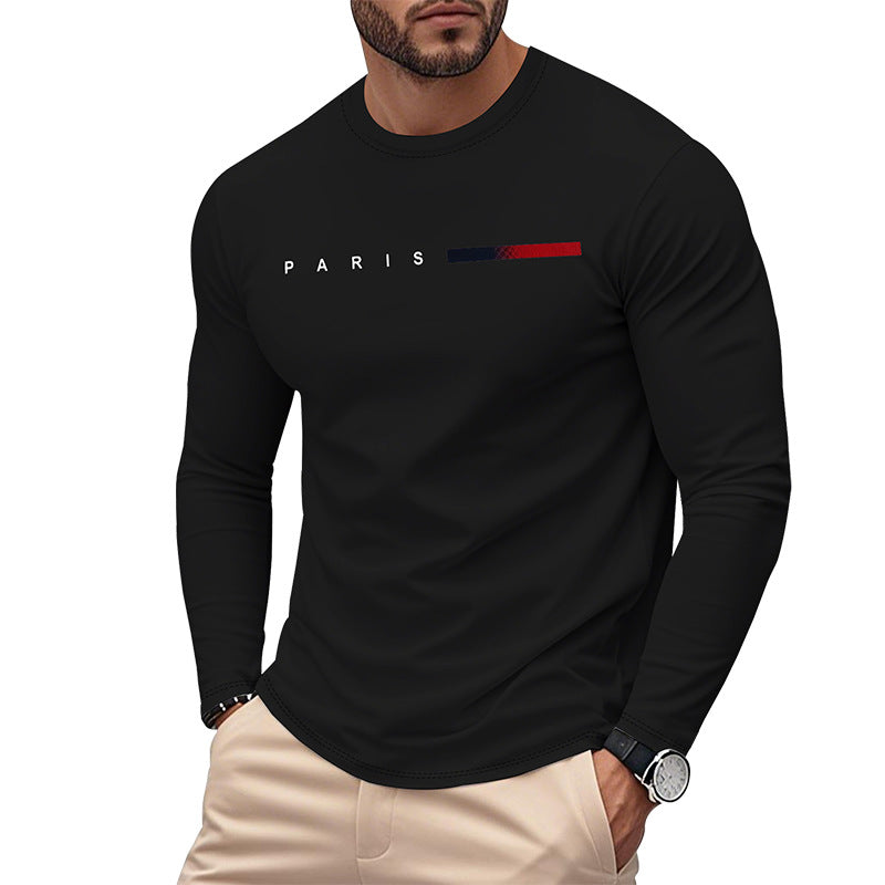 Herren Langarm T-Shirt mit modernem Paris-Druck und elastischem Saum Berlin Glamour → Herren T-Shirt Langarm mit Paris-Druck, modern, elastisch und Berlin-Glamour