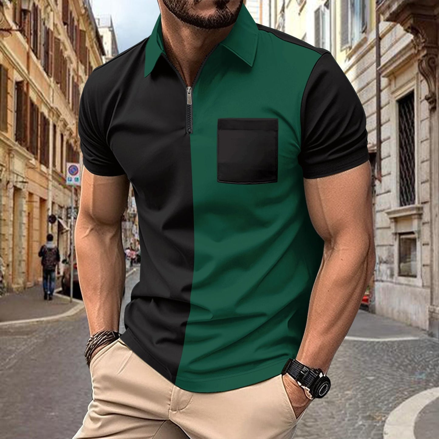 Herren Polohemd Modern Zip Kragen mit Brusttasche
