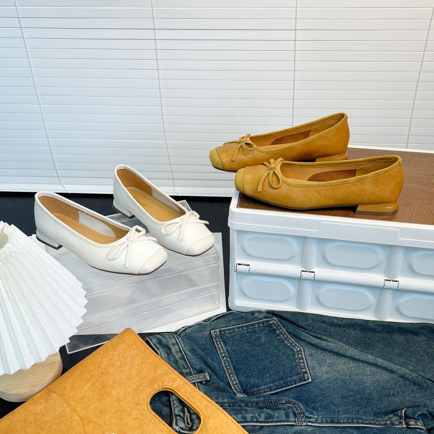 Damen Ballerinas Elegante Leder Schuhe mit Schleifenverschluss
