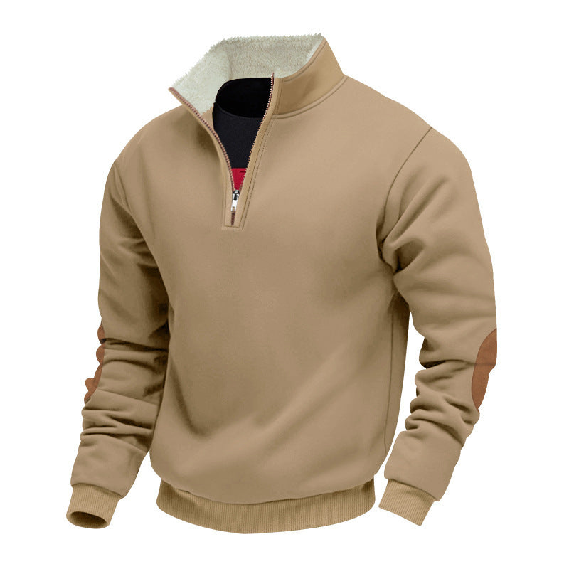 Herren Fleecepullover Modern mit Halb-Reißverschluss und Kontrast Ellenbogen