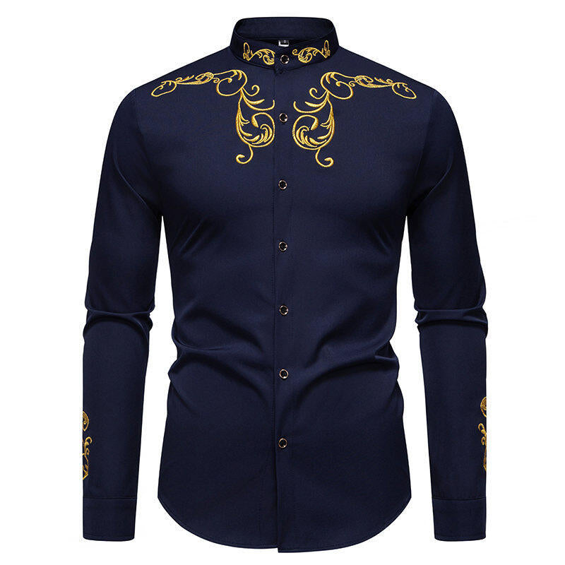 Herren Hemd Langarm Modern mit Stickerei und Slim Fit Kragen