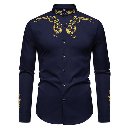 Herren Hemd Langarm Modern mit Stickerei und Slim Fit Kragen