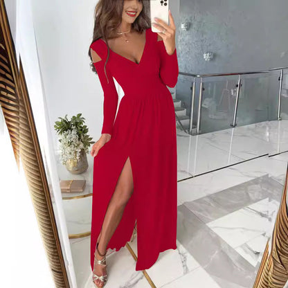 Elegantes Damen Maxikleid mit V-Ausschnitt und Seitenschlitz