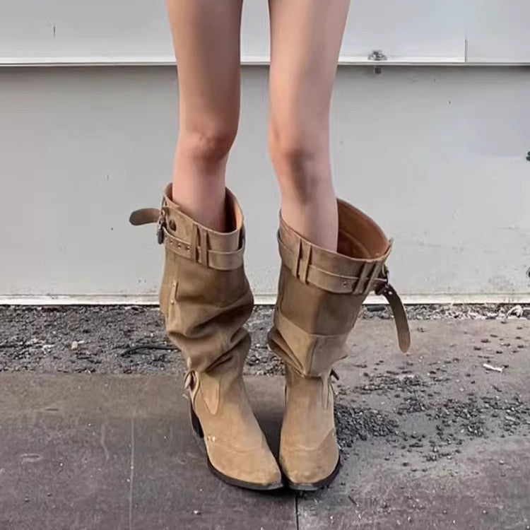Damen Stiefel Kniehoch Robust Schuhe mit Riemchen