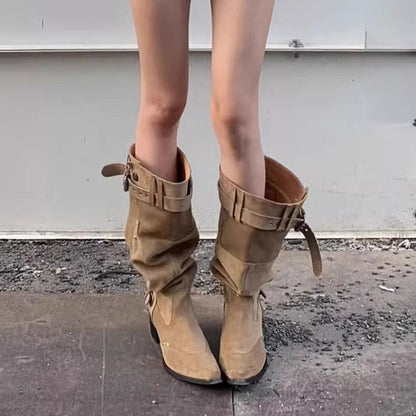 Damen Stiefel Kniehoch Robust Schuhe mit Riemchen