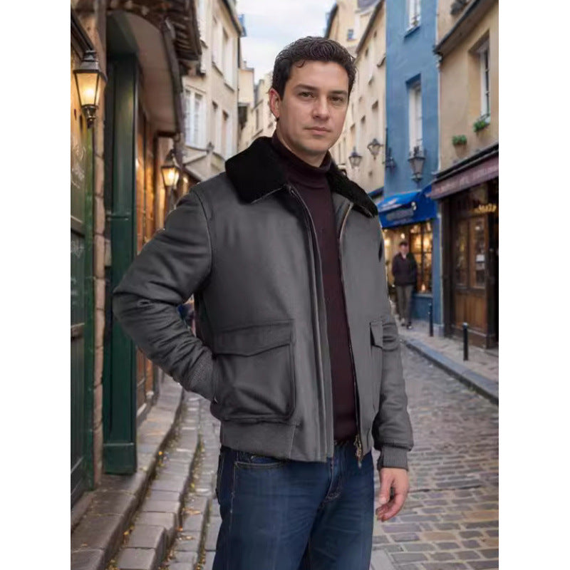 Herren Lederjacke Flugzeugstil Schwarz