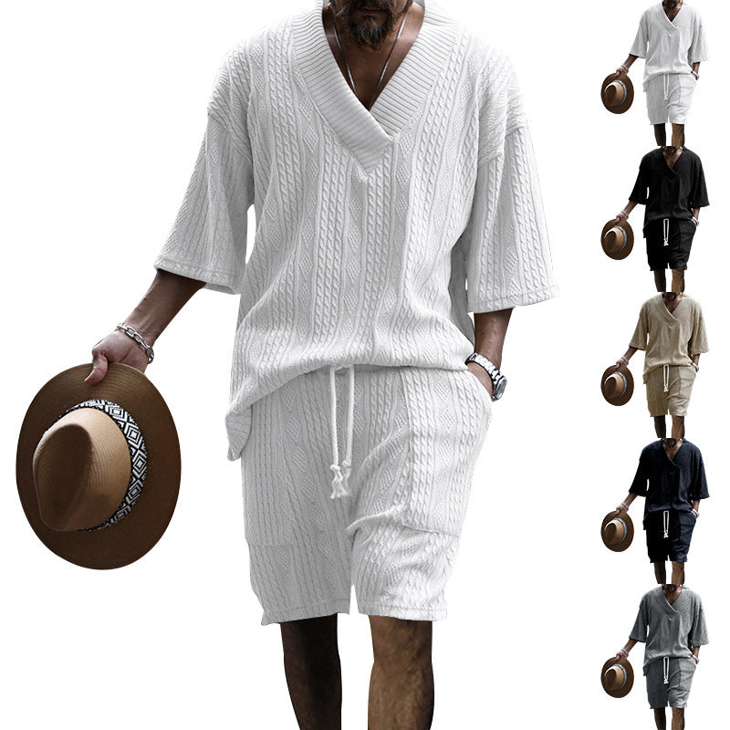 Herren T-Shirt V-Ausschnitt Lässig und Kurze Freizeithose Elastisch - BerlinGlamour
