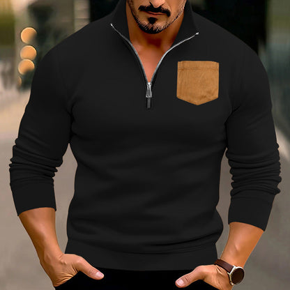 Herren Pullover Sportlich Halbzipper Kontrasttasche