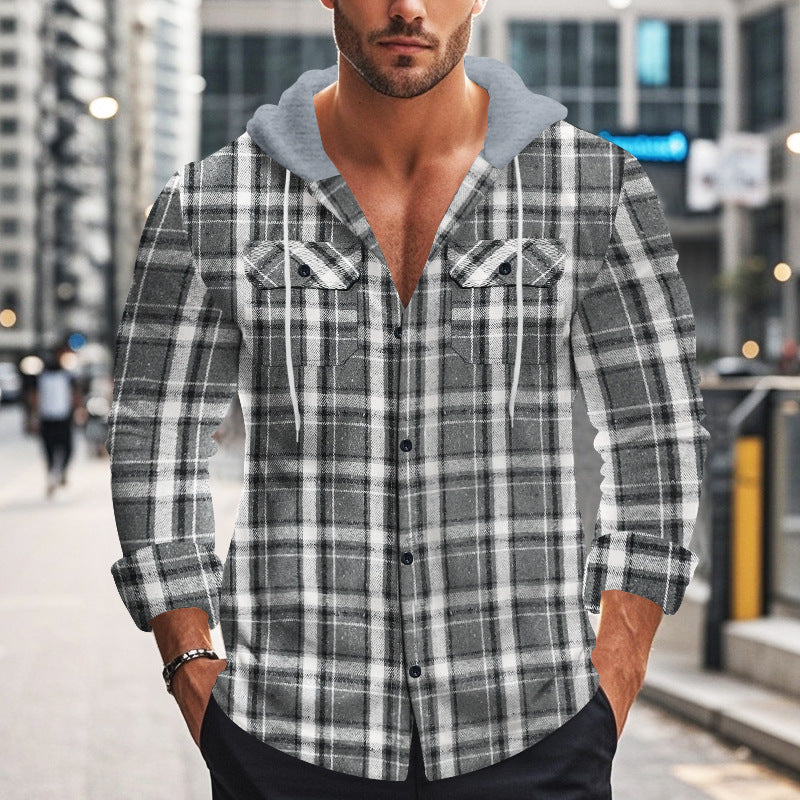Herren Flanellhemd Kapuze Modern Karomuster Grau