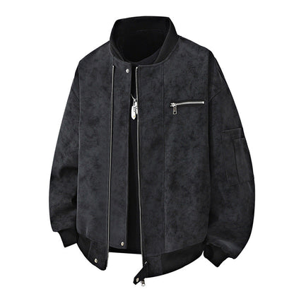 Herren Bomberjacke Vintage Style Reißverschluss Leder Optik