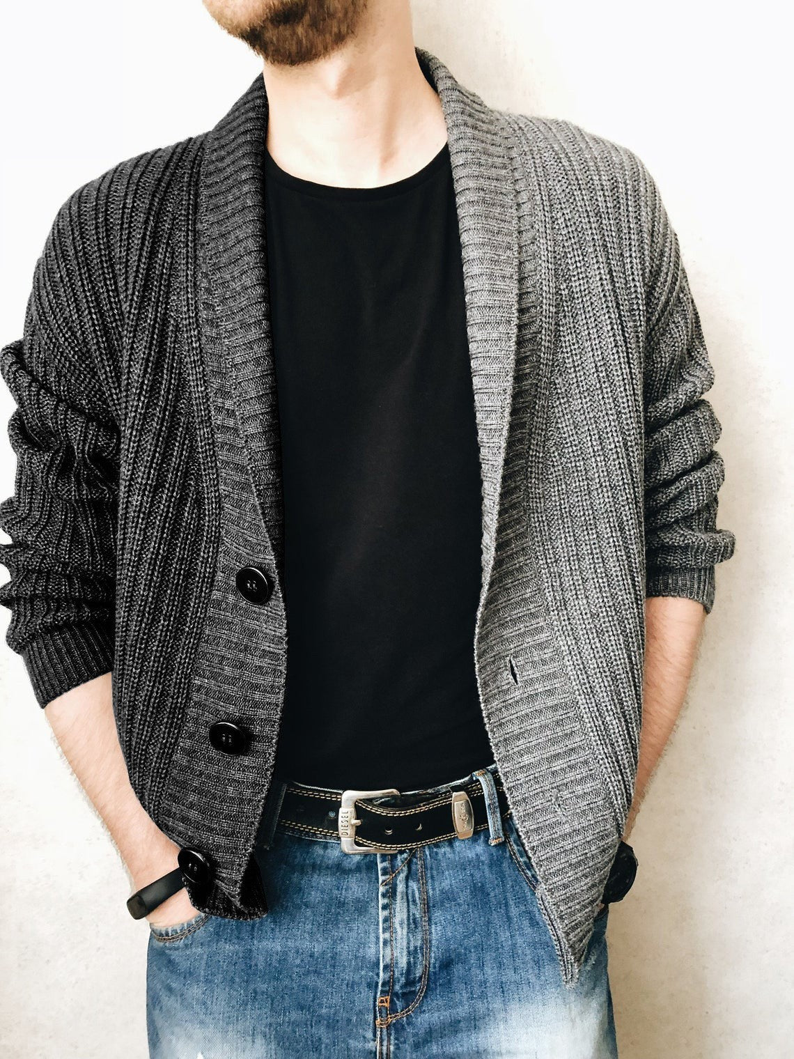 Herren Strickjacke Modern Knopfdesign Kontrast