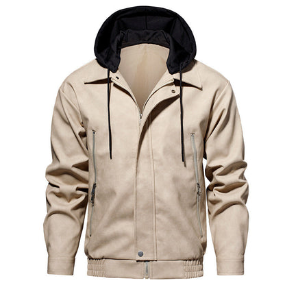 Herren Lederjacke Kurz Modern mit Kapuze elastisch