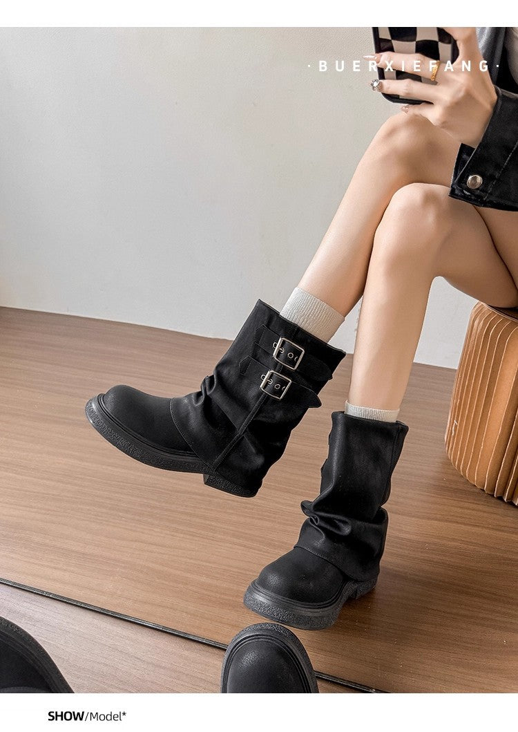 Damen Winterstiefel Modisch Falten-Design Schnalle Schwarz