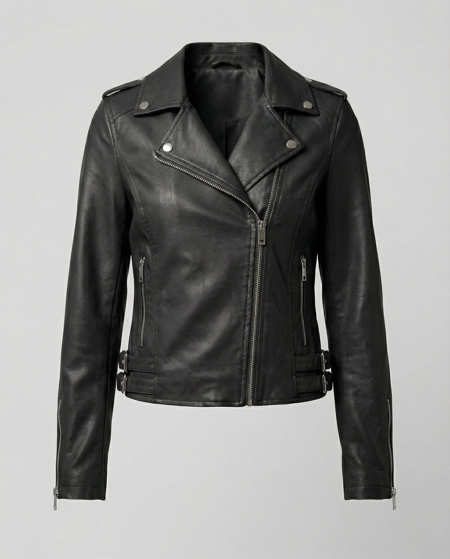 Damen Bikerjacke Kunstleder Taillierte Asymmetrisch Schwarz