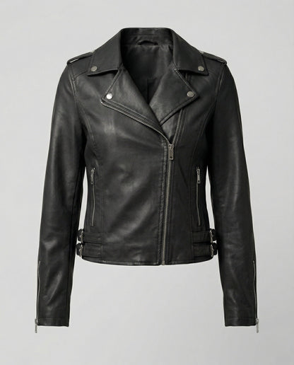 Damen Bikerjacke Kunstleder Taillierte Asymmetrisch Schwarz