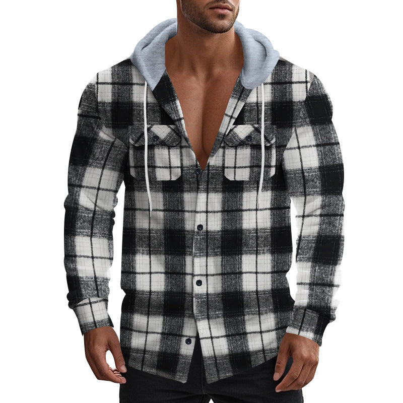 Herren Flauschjacke Kariert mit Kapuze Winterwarm