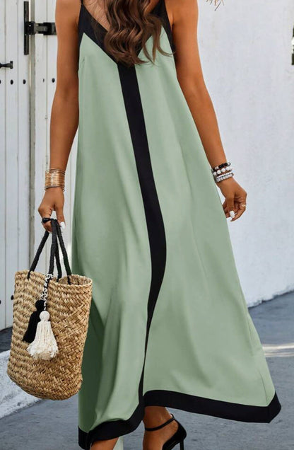 Langes V-Ausschnitt Maxi-Kleid mit Kontrastdetails Modern