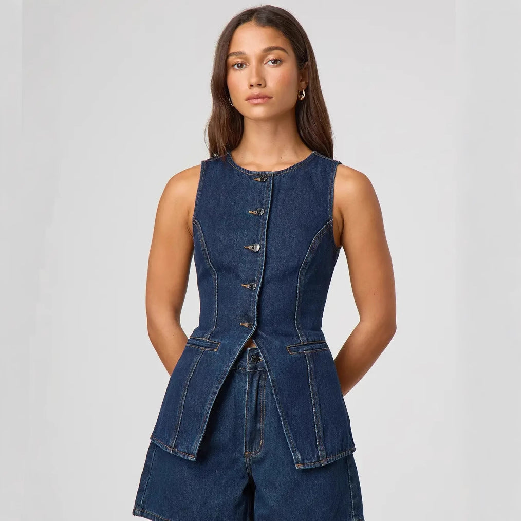 Damen Jeansweste Taillierte Form Knopfverschluss Modern - BerlinGlamour