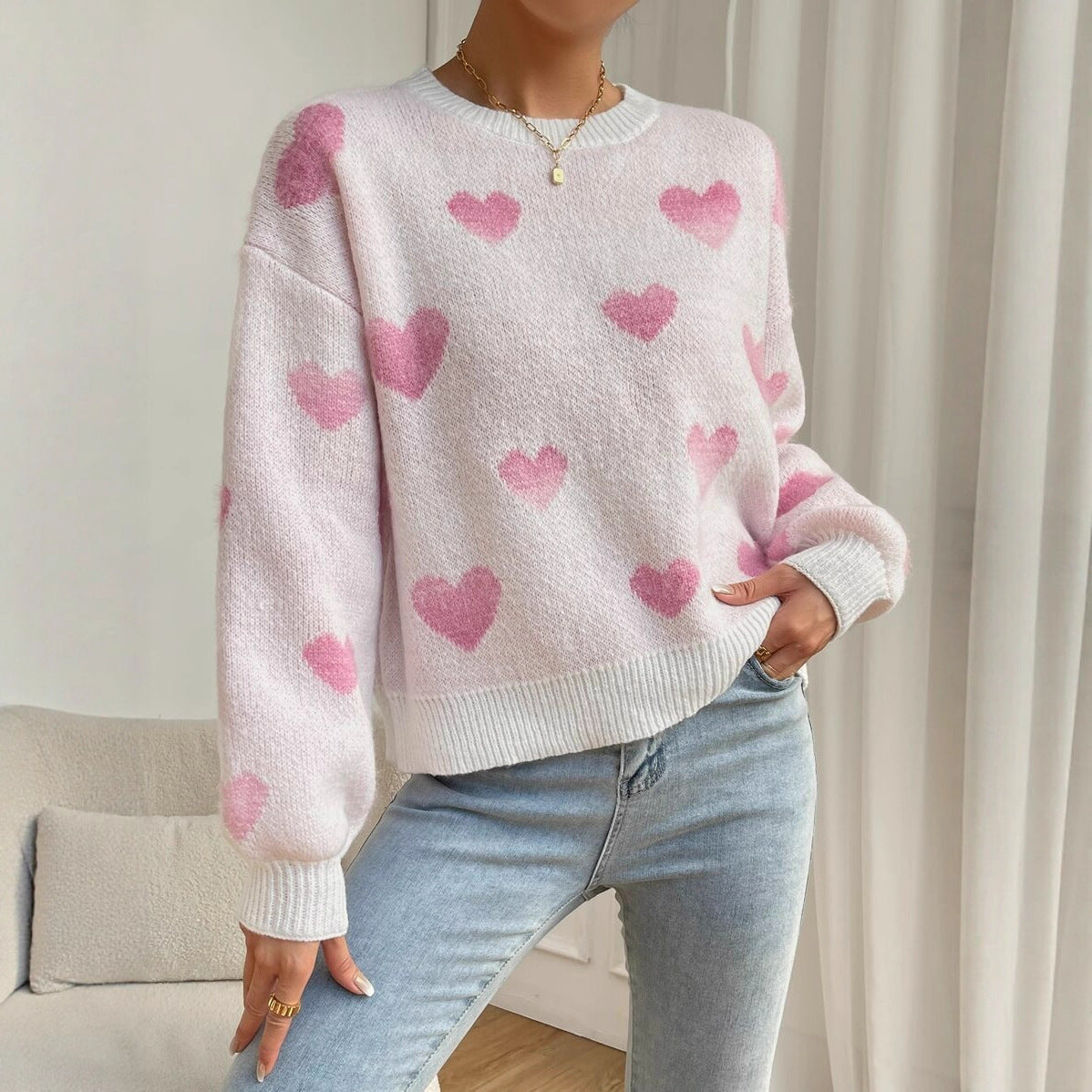 Damen Pullover Weites Herzenmuster Sweater Frauen