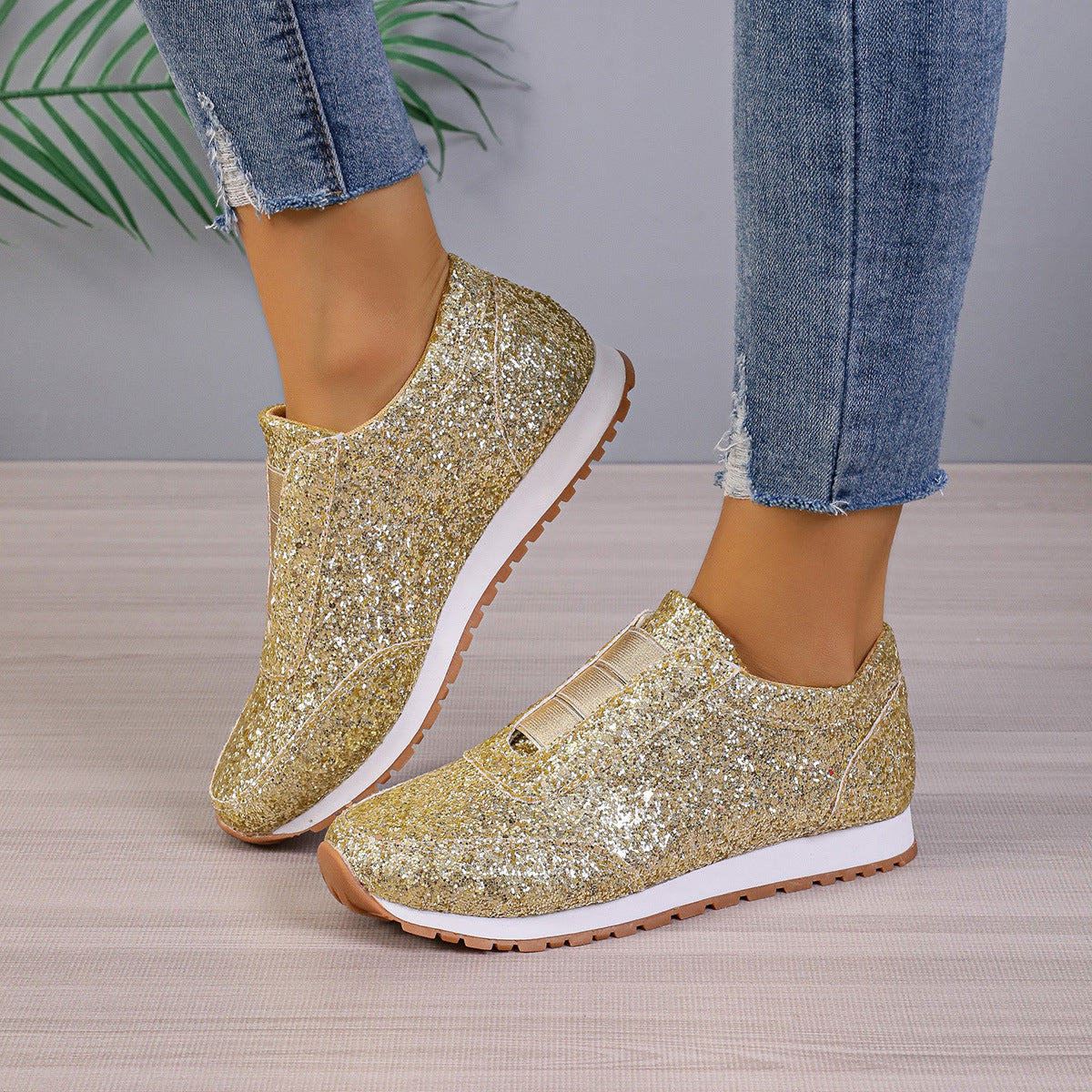 Damen Sneaker Glitzer Heel Sportlich Schuhe