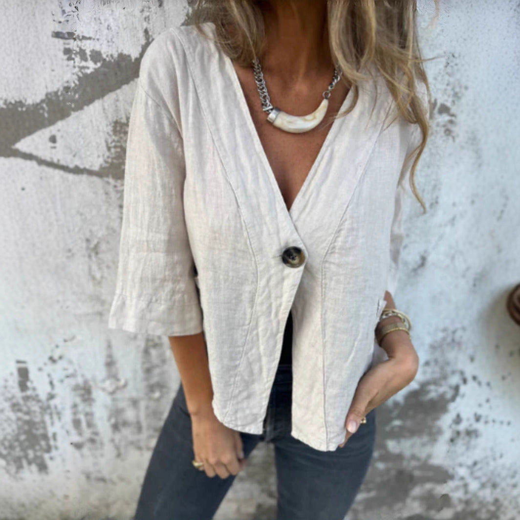 Damen Leinenblazer Kurzarm Leicht Modern