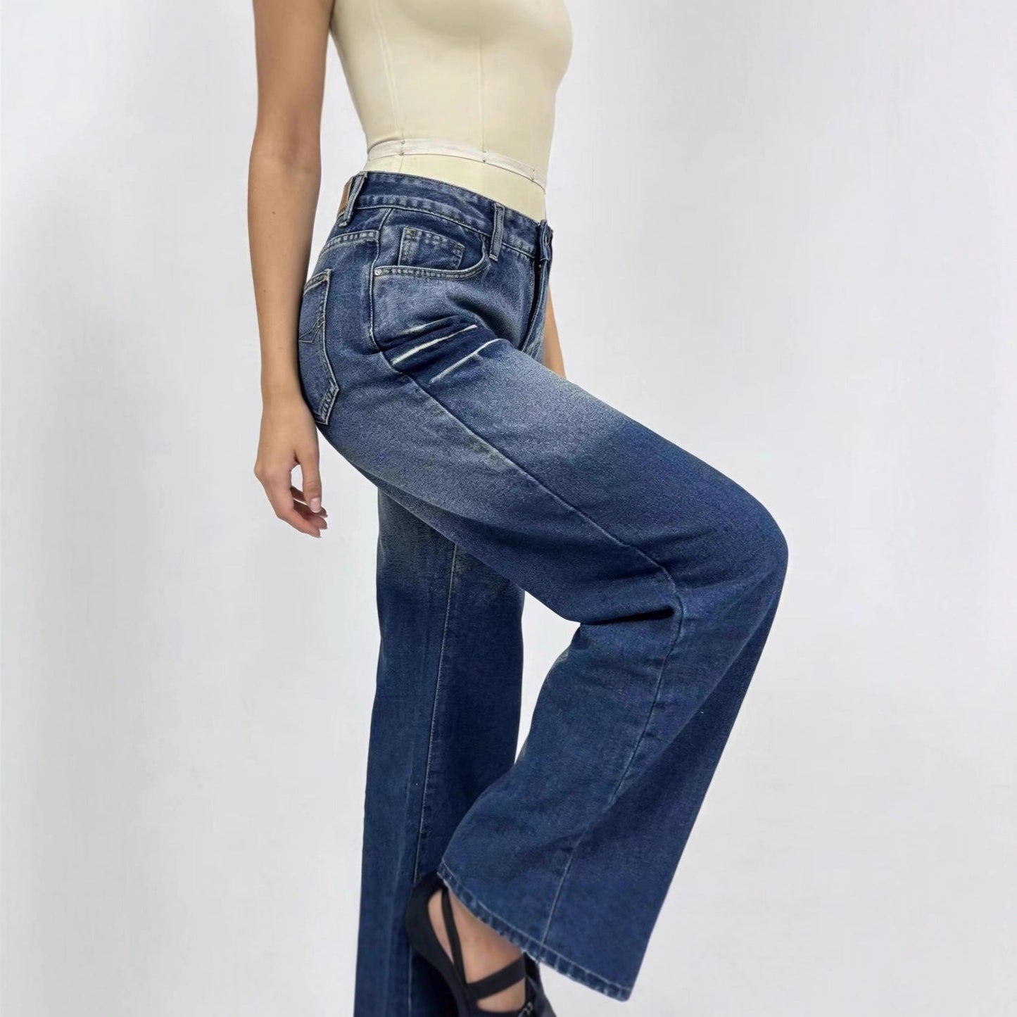 Damen High-Waist Jeans Mit Farbverlauf und Weitem Bein